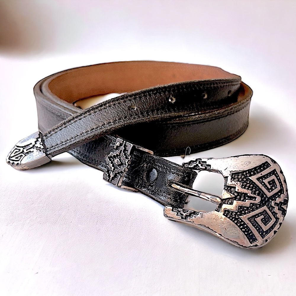 Vintage NOCONA Southwestern Black Leather Belt and Silver Tone Hardware